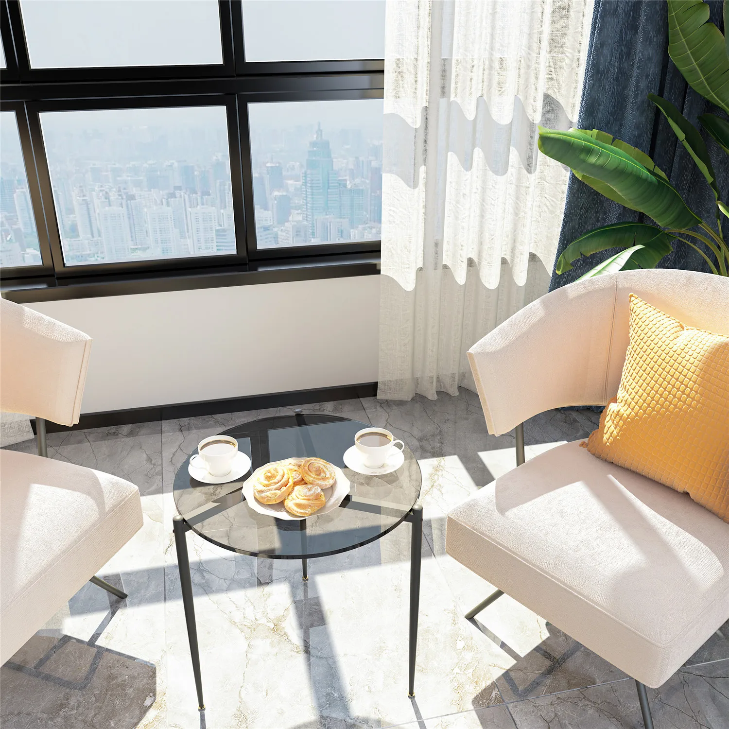 Meja samping kopi bulat, Meja samping kaca Tempered santai dengan kaki logam ramping