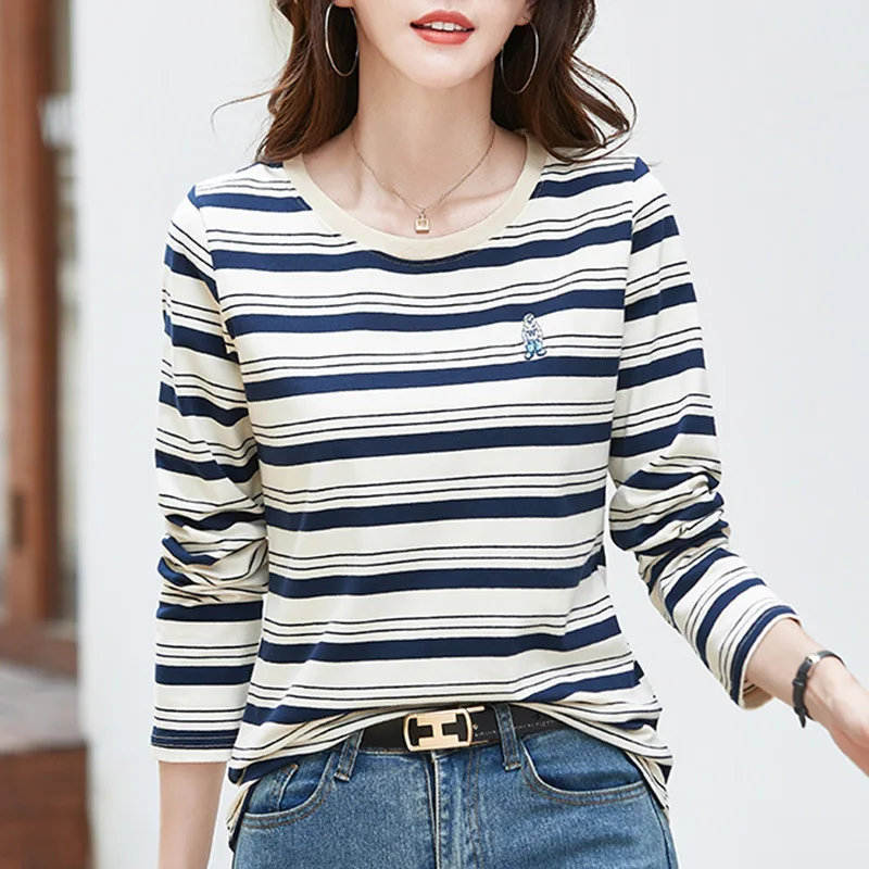 Spring Autumn Women\'s Pullover Round Neck Embroidery Solid Striped Long Sleeve Undershirt Slim T-shirt Office Lady Casual Tops