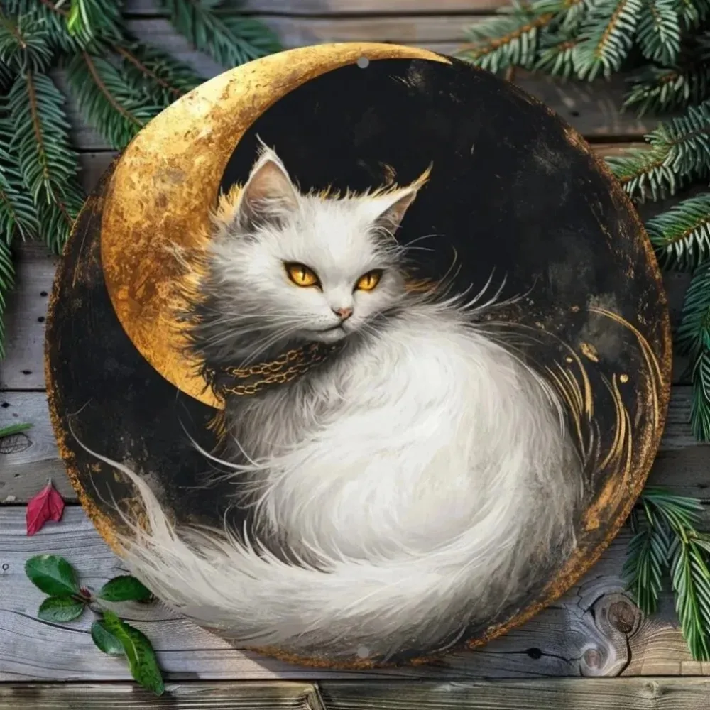 لافتة ديكور كلاسيكية على شكل قطة بيضاء - لوحة حائط مستديرة من الألومنيوم مقاس 8 × 8 بوصة، خالية من البطارية لحفلات المكتب والمطبخ والمقهى