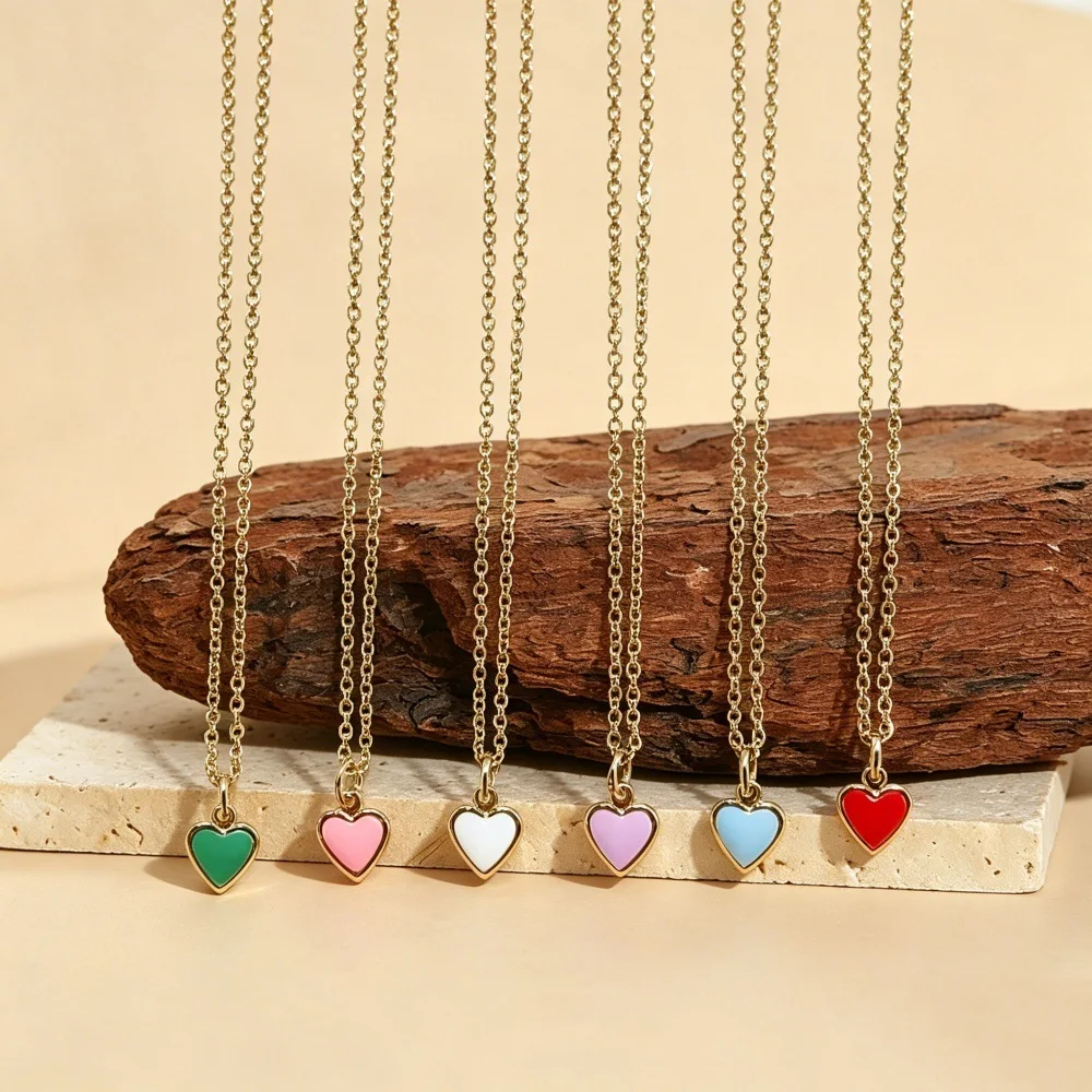 Macaron oil drop love necklace, mini heart-shaped thin collarbone chain, simple basic women's match