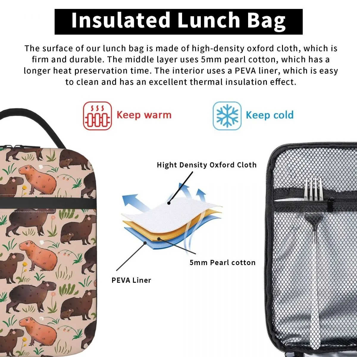 Capybara - Cute Green And Brown Animal Illustration Pattern Insulated Lunch Bag Portable Food Boxes Thermal Lunch Box Tot