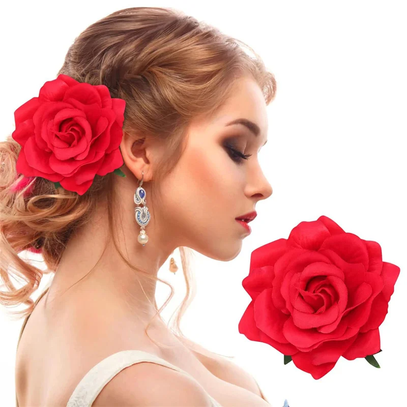 Fiori di flamenco per capelli Copricapo fai-da-te per stoffa floccata da sposa Fiore di rosa rossa Forcina per capelli Accessori per capelli da festa