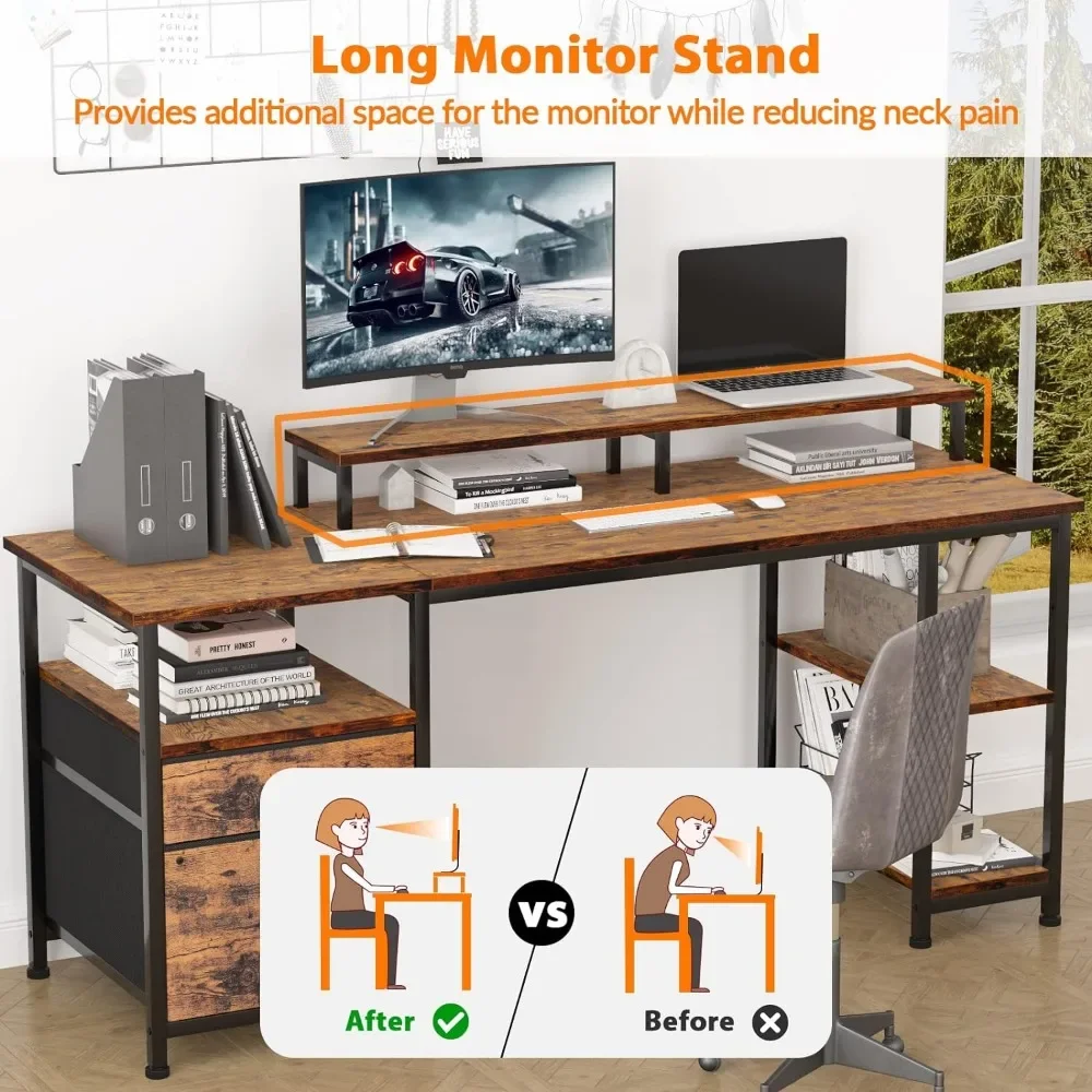 Standing Desk with 2 Drawers, 3 Open Storage Shelves, Middle Board Is Adjustable, Office Table