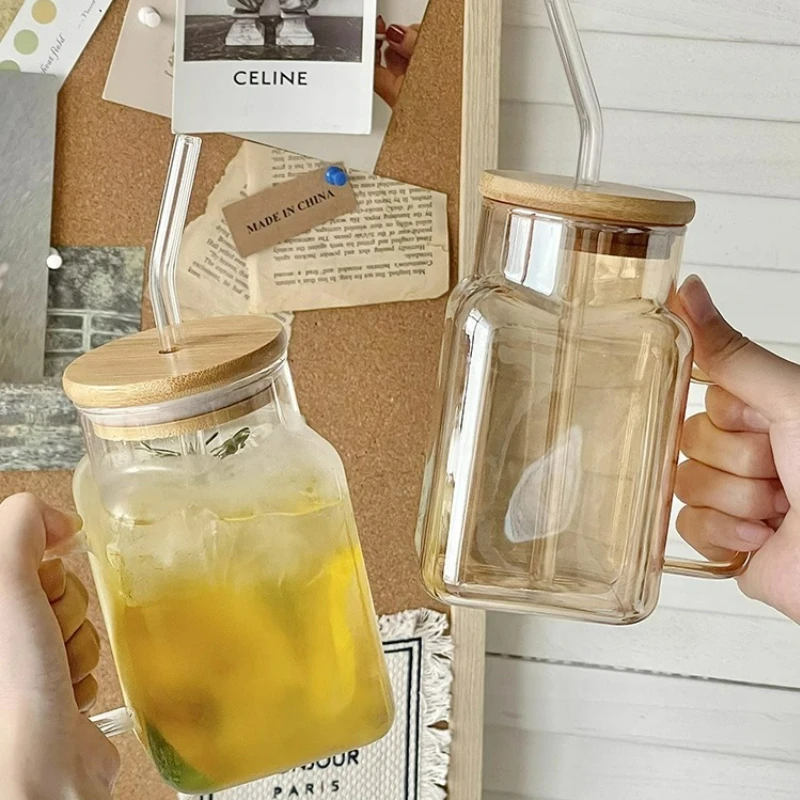 620ml Large Capacity Straw Cups Creative Coffee Cup Milk Cup Juice Cup Tea Glasses with Straw and Lid Portable Cup with Handle