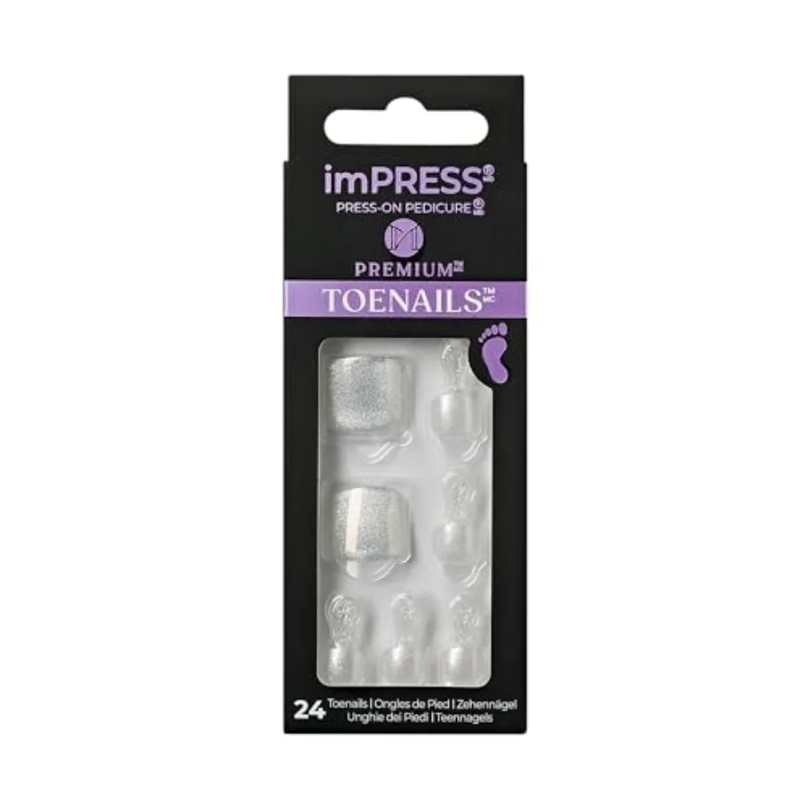 

KISS imPRESS Премиум без клея Pedi PressOn ногти на ногах сверкающий белый серебристый с серебряным блеском в форме Squoval для мгновенного село