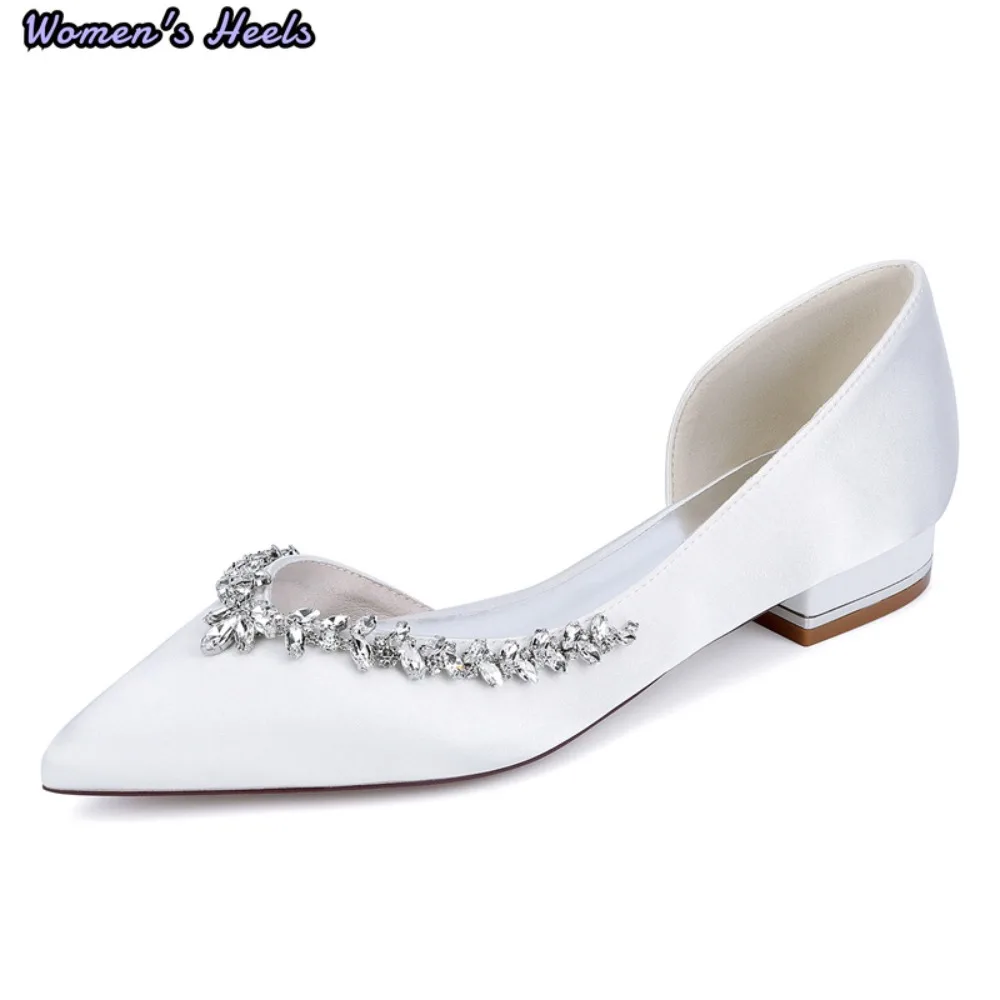 Spring and Summer New Pointed Toe Head Shallow Silk Rhinestone Wedding Shoes Flat-heeled Banquet Dress Large-size Women's Sandal