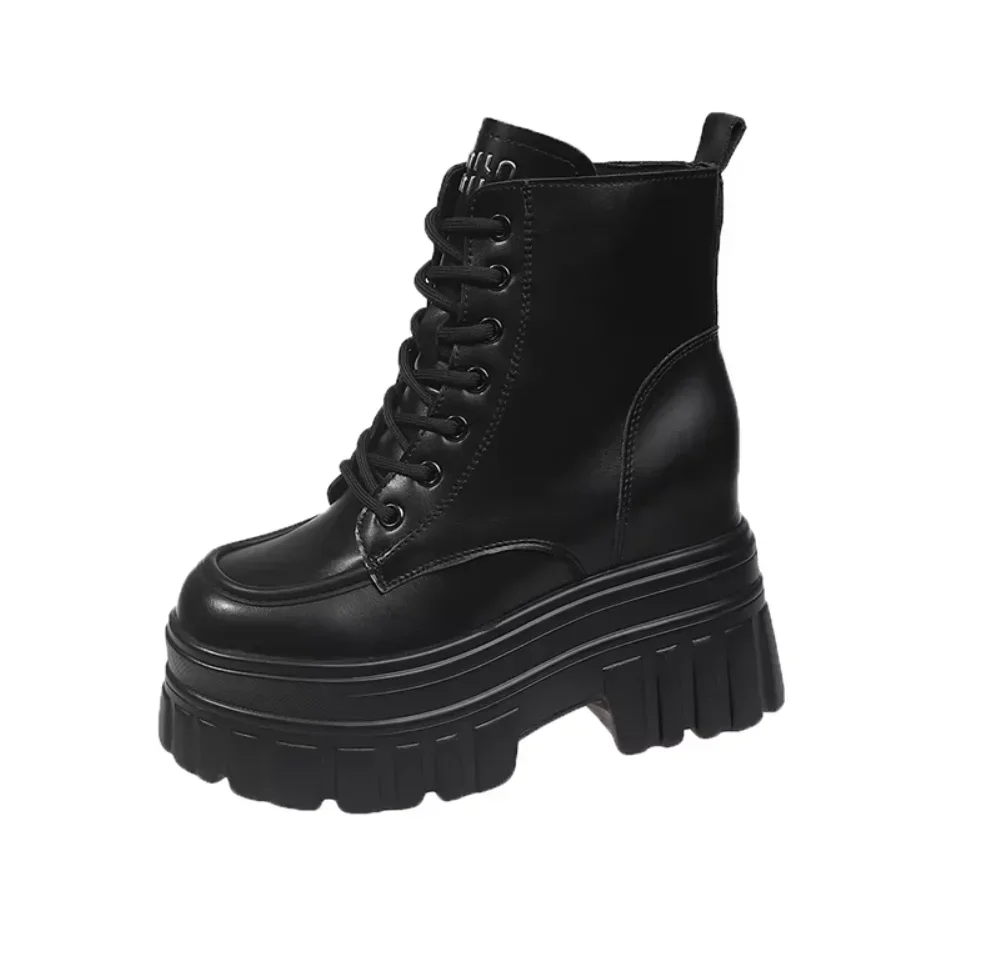 

High Platform Ankle Boots Women Lace-up Combat Motorcycle Boots Classic Punk Leather Shoes Woman Thick Soles Warm Fur Snow Boots