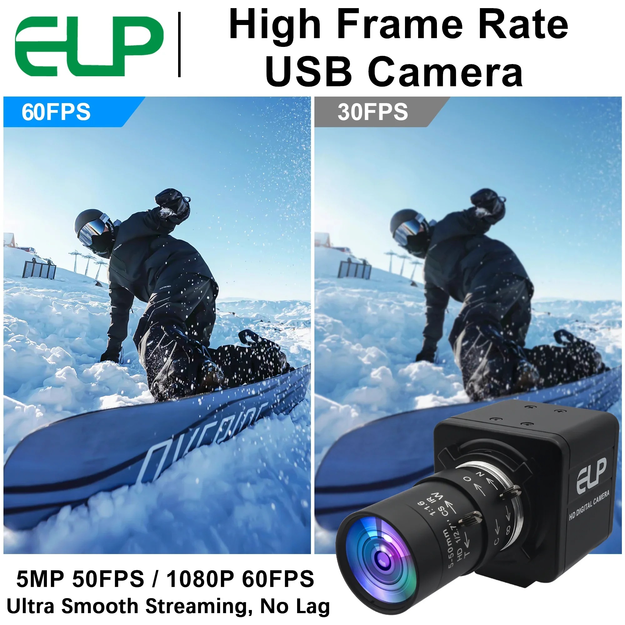 Cámara USB con obturador Global ELP de 5MP, Zoom 10X, cámara web de alta velocidad de 5MP, 50FPS, 1080P, 60FPS para inspección Industrial, monitoreo de tráfico