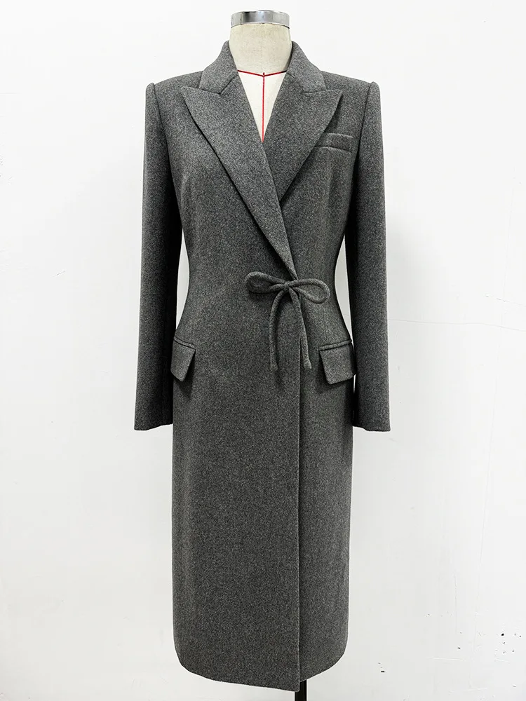 Brand 2024 Winter Vintage Long Cloth Bowknot Notched Full Sleeve Women Solid Wool Blends Coat