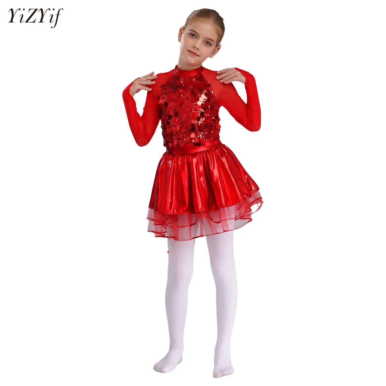 

Girls Shiny Sequin Ballet Dance Tutu Figure Skating Leotard Long Sleeve Layered Tulle Dress Performance Party Princess Costume