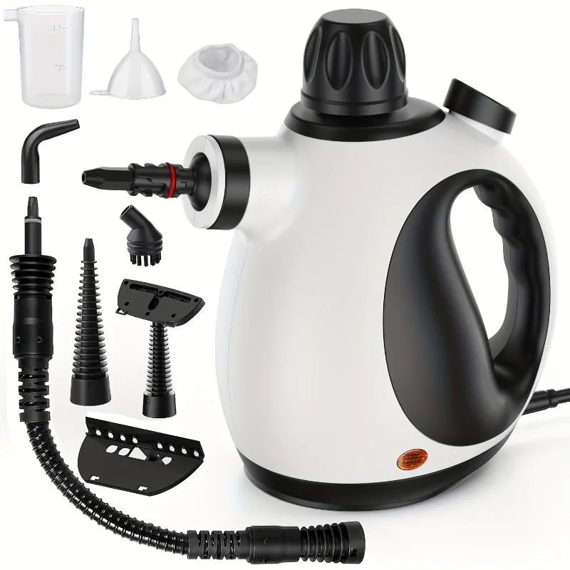 

Handheld pressurized steam cleaner with 11-piece accessory set