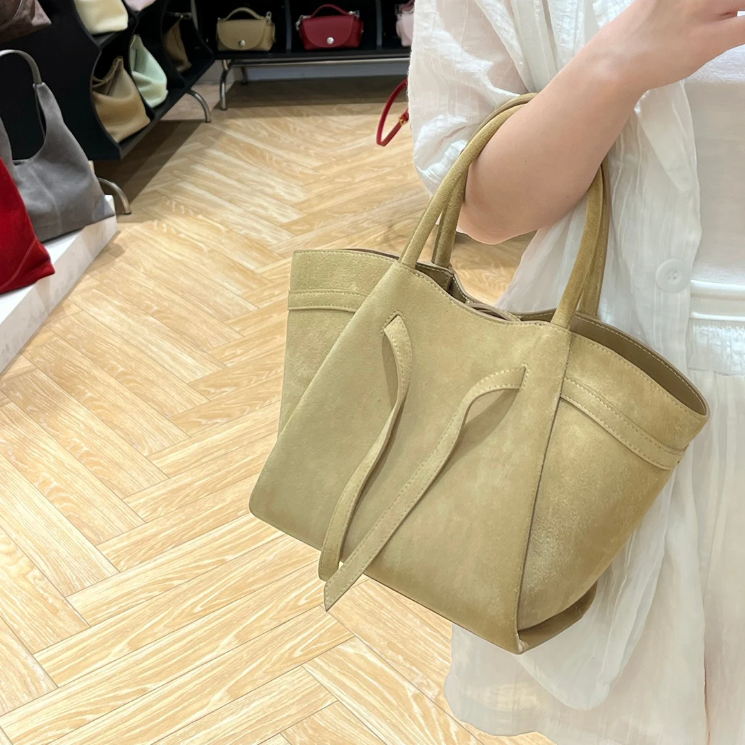 Mendy Genuine Leather Suede Wing Tote Bag Women Minimalist Fan Shape Side Flap French Style Versatile Designer Luxury New In