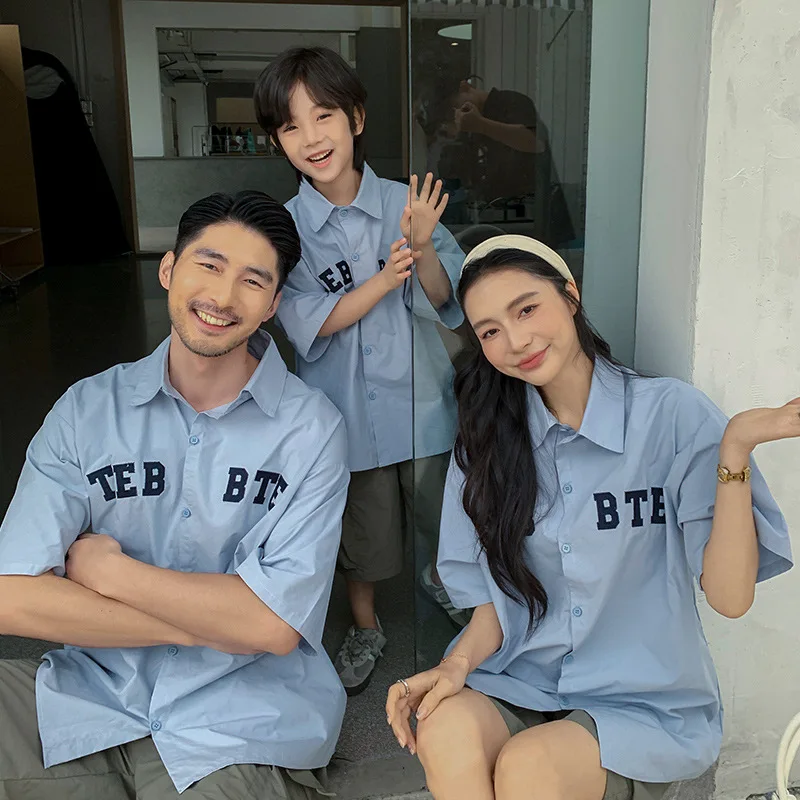 2026 Vintage Family Matching Shirts Embroidered Premium Streetwear Outfits For 3 Persons Mom Dad Kids Casual Party Photoshoot
