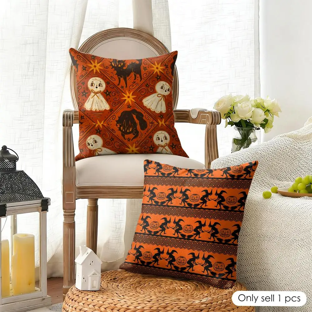 Vintage Ghosts And Black Cats Halloween Cushion Cover Linen Square Pillow Case Durable Hypoallergenic Gentle On Sensitive Skin