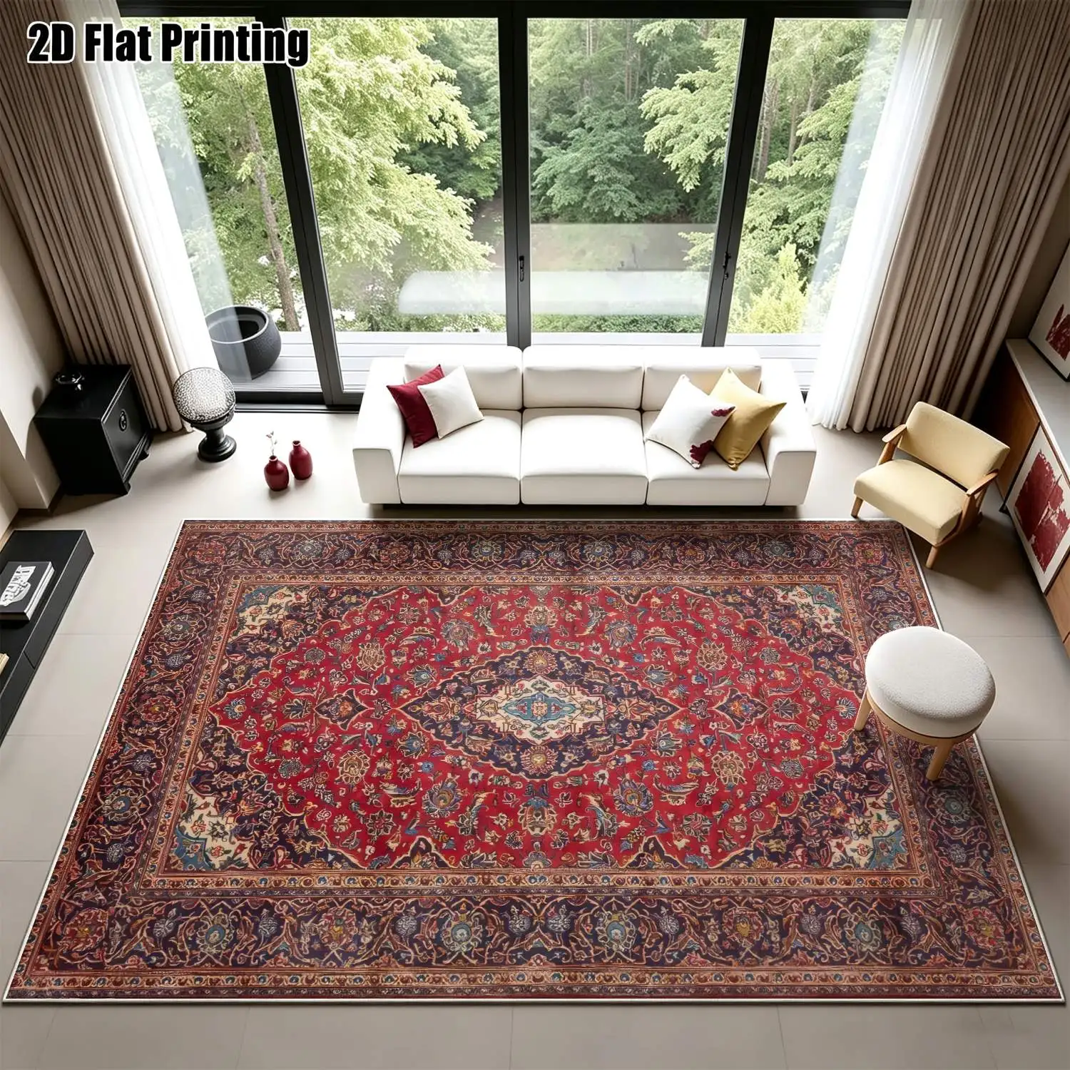 1Pc 2D Printed Red-Base Floral Geometric Velvet Carpet, European Vintage & Bohemian Style, Machine Washable, Multi-Size for Home Decor