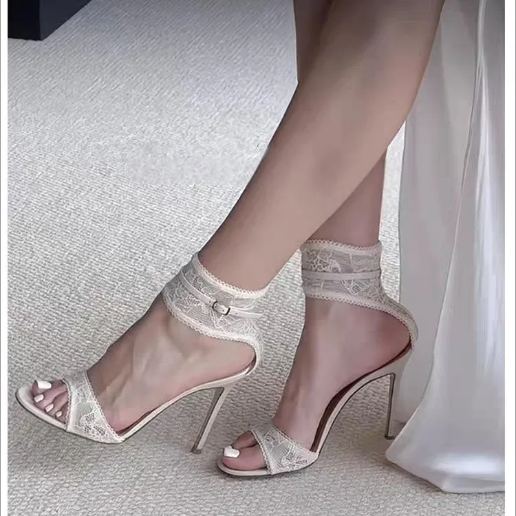 White Lace Bride Wedding Shoes Elegant Ribbon Bowtie Pointed Toe Hollow Thin Heels Women Evening Banquet Dress Shoes