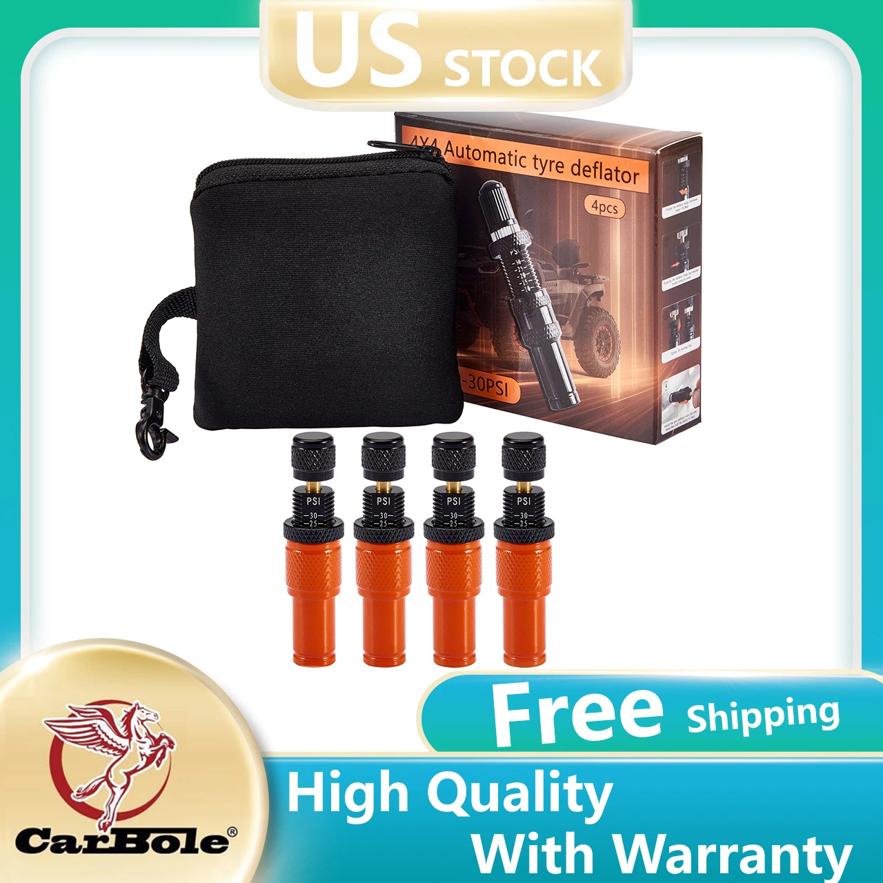 

4 PCS Orange Adjustable Auto-Stop Tire Deflator Valve Kit, 10-30 PSI Air Down Tool Offroad Accessories