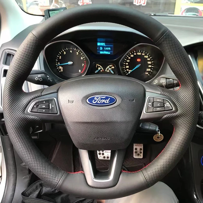 Dla Ford Focus 3 2015-2018 Kuga Escape C-MAX Ecosport 2018 2019 Ręcznie szyta antypoślizgowa osłona kierownicy z prawdziwej skóry — zdjęcie 4
