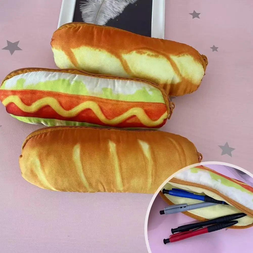 Portable Pen Case Cartoon Bread Design Pencil Case Zipper Closure Makeup Brush Holder School Supplies Organizer for Kids