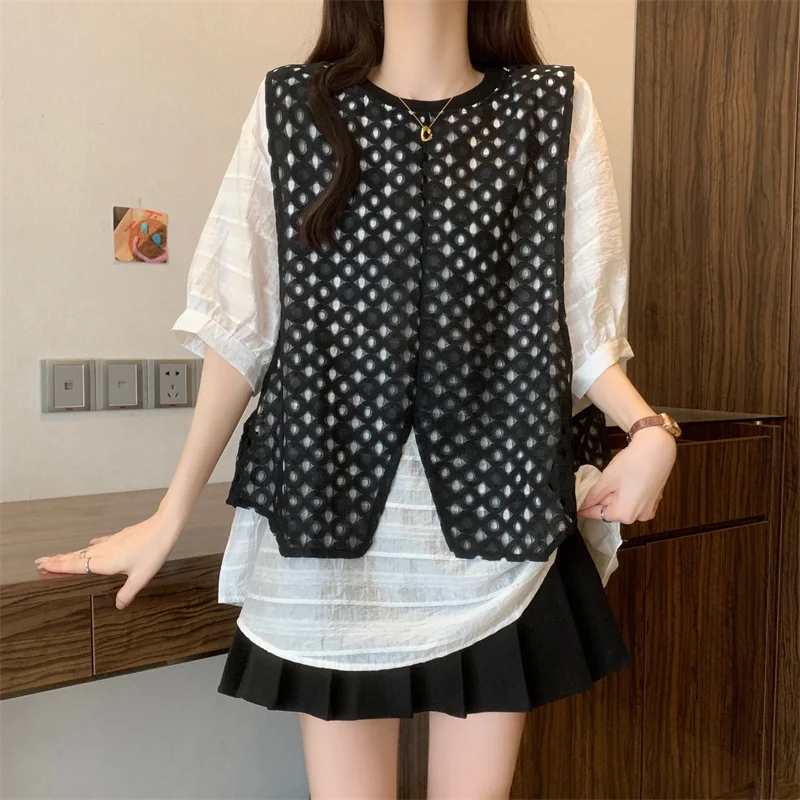 

Summer New Fake Two-Piece French Shirt for Women Plus Size Loose Personality Top M to 4XL