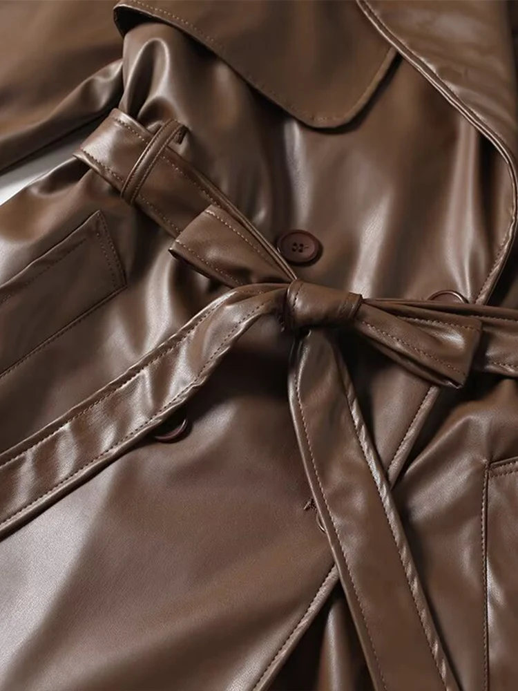 Veste en simili cuir avec ceinture pour femme, manteau long assorti avec tout, style européen, nouvelle mode