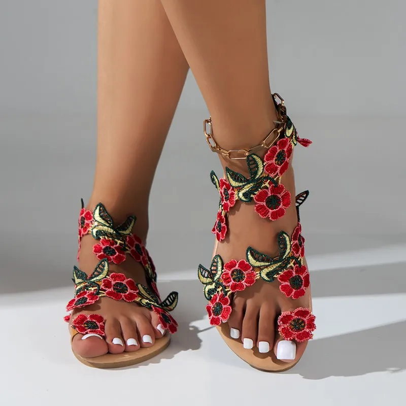 Sandalias de talla grande para mujer, chanclas planas con flores rojas, informales, antideslizantes, a la moda, novedad de verano