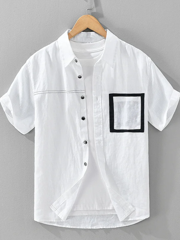 

Мужская летняя рубашка с коротким рукавом из льна в стиле Color Block: новая, свободная, повседневная, дышащая, модная, для городской жизни