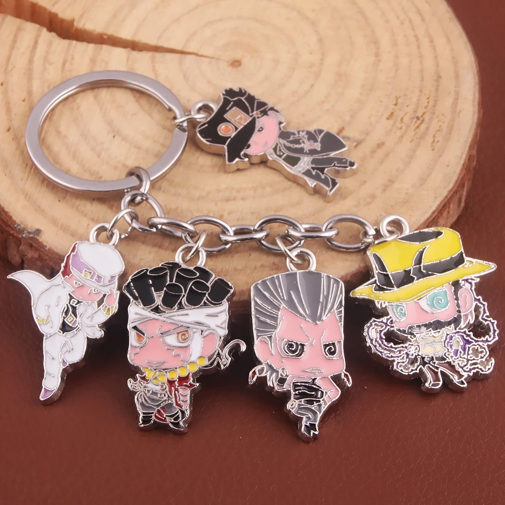 Anime JoJos Bizarre Adventur Keychain Kujo Jotaro Kira Yoshikage Jonathan Joseph Giorno Giovanna Figure Key Chain Props Jewelry