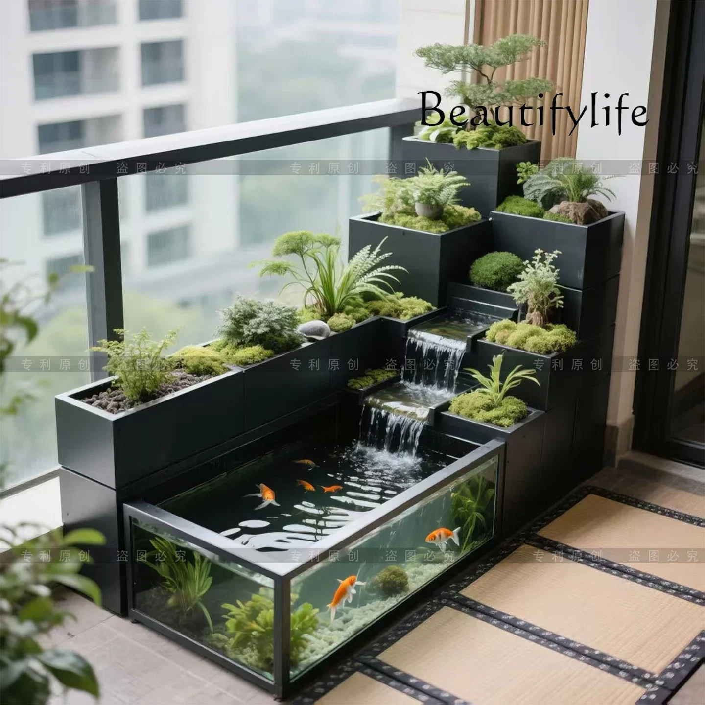 A63  Balcony Creative Flowing Water Fish Tank Flower Box Metal Tempered Ultra White Glass Terrace Circulating Fish Pool Stainles