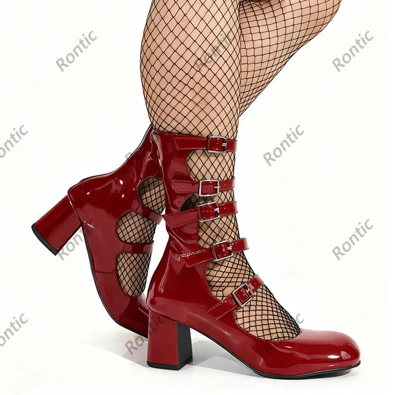 أحذية قوطية من الجلد اللامع باللون الأزرق - أحذية الكاحل المصنوعة يدويًا مع أشرطة بإبزيم - كعب لوليتا للسيدات مقاس كبير أمريكي 5-20 #3