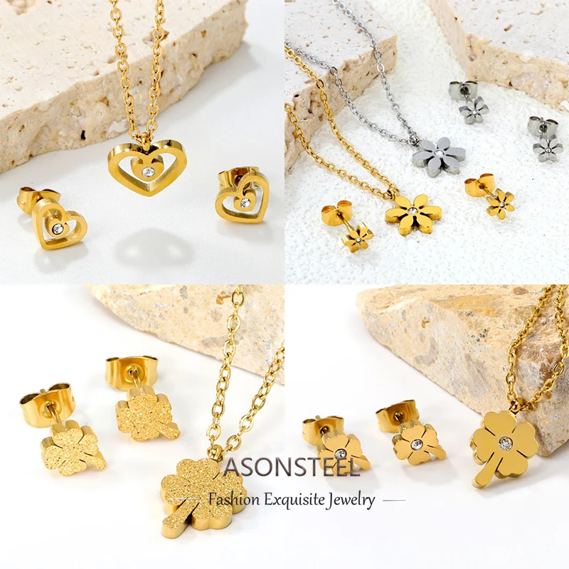 ASONSTEEL Shiny Heart Flower Zirconia Pendant Necklace Earring Jewlery Sets Stainless Steel For Women Dainty Daily Wear Gifts