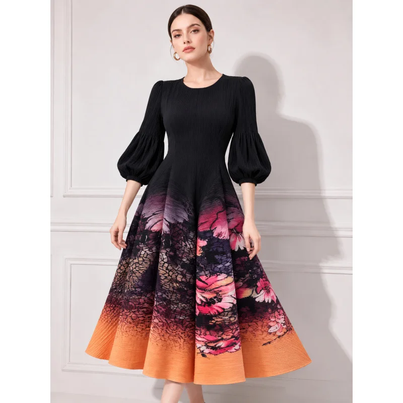 Miyake Pleated Round Neck Lantern Sleeve Dress Women's Print Gradual Change Pendulum Elegant Medium and Long Dress 2026 New