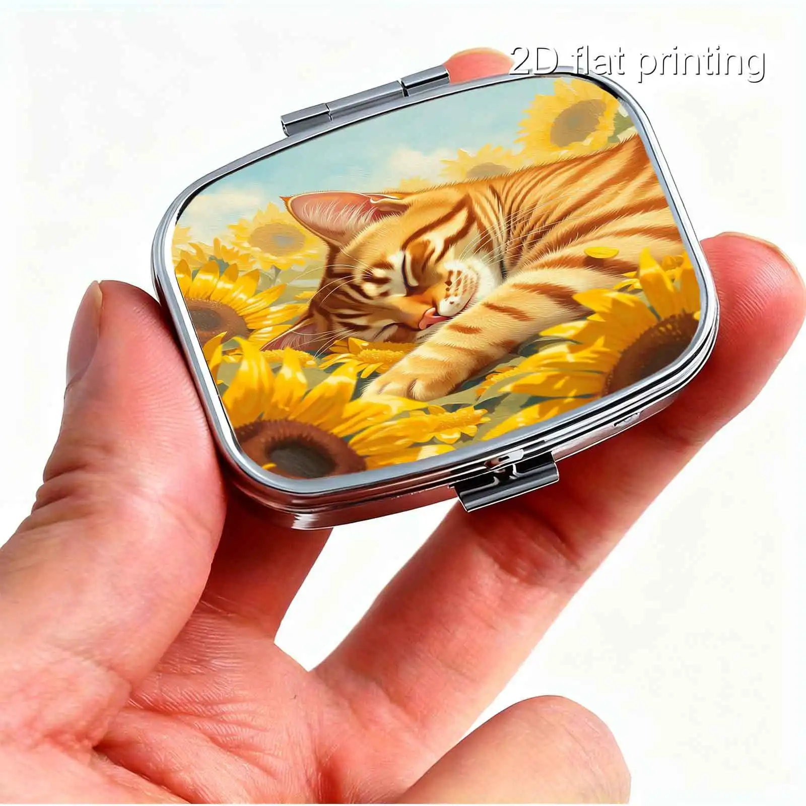 Portable Metal Material, Sunflower Sea Pattern, Orange Cat Design, Pastoral Warm Yellow Realistic Watercolor Square Style Design, Portable Small Pill Box for Regular Medication, Vitamins, Compact Creative Trinket Box, Easy to Store, Compartmentalized Design, Preferred Gift Choice, Practical Gift, Suitable for Long-Distance Travel, Portable and Easy to Carry