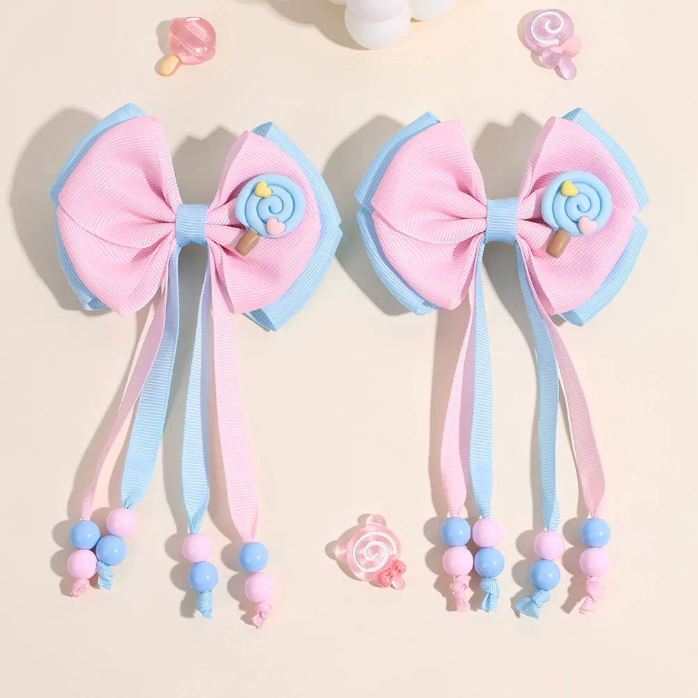 2PCS Elegant Bead Tassels Bowknot Hairpin Cute Lollipop Ribbon Bow Hair Clips For Girls Handmade Barrettes Kids Hair Accessories