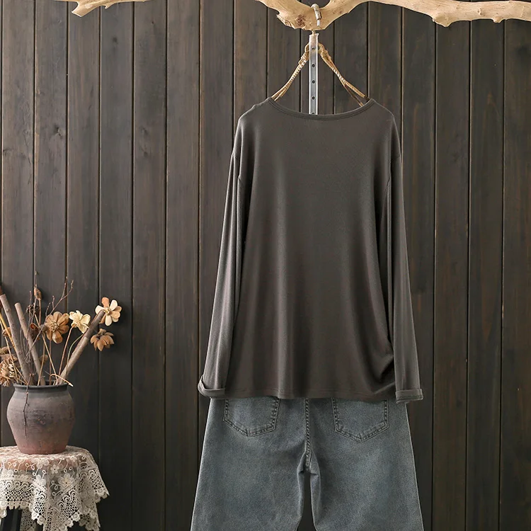 Fashionable Long Sleeve T-Shirt Women's Loose Base Shirt Shoulder Width Regular Cotton Korean Style round Neck Classic Pattern