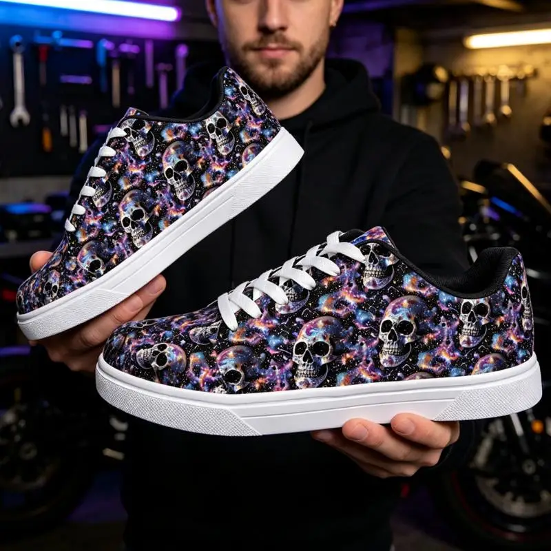 Ladies Men's casual low-top white sneakers，Cosmic Skull Art Design，Stylish and Comfortable，Suitable for Everyday Wear，Trendy fas