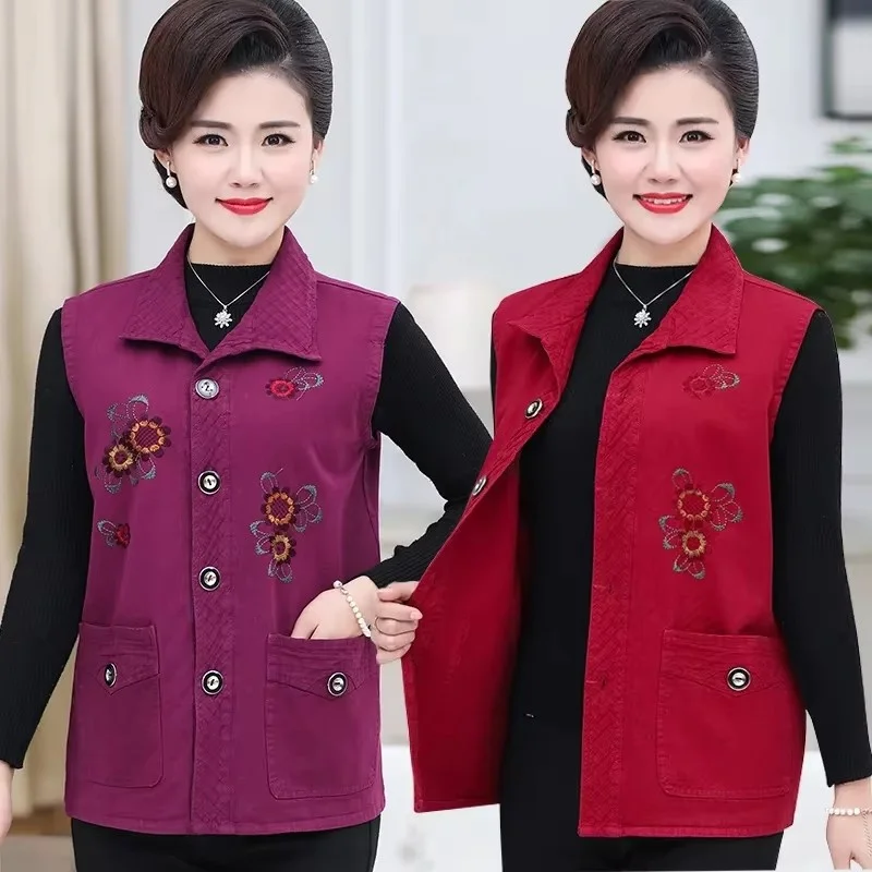 Spring Autumn Middle Aged Mother Embroidery Vest Outwear Turndown Collar Mom's Outfit Waistcoat Coat Women Sleeveless Jacket 5XL