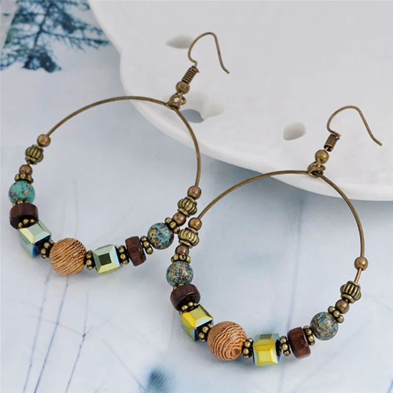 Retro Ethnic Style Round Earrings For Women Bohemian Style Creative Wooden Beads Turquoise Earrings Jewelry Gift