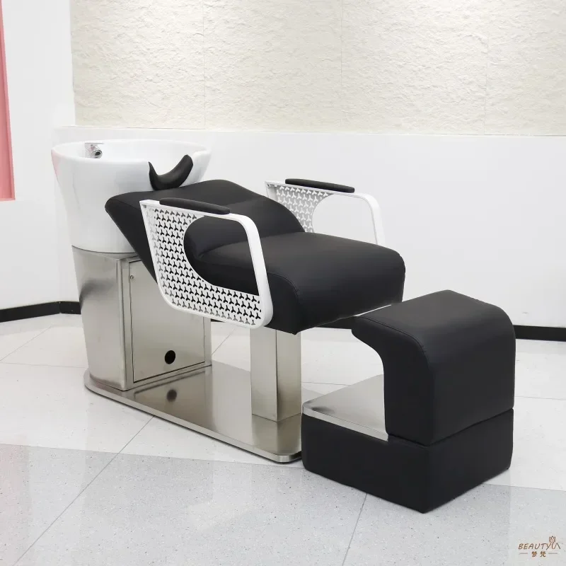 G K BJ New Trend Semi-Reclining Hair Salon Shampoo Bed Ceramic Basin Stainless Steel Frame Barber Shop Wash Station E
