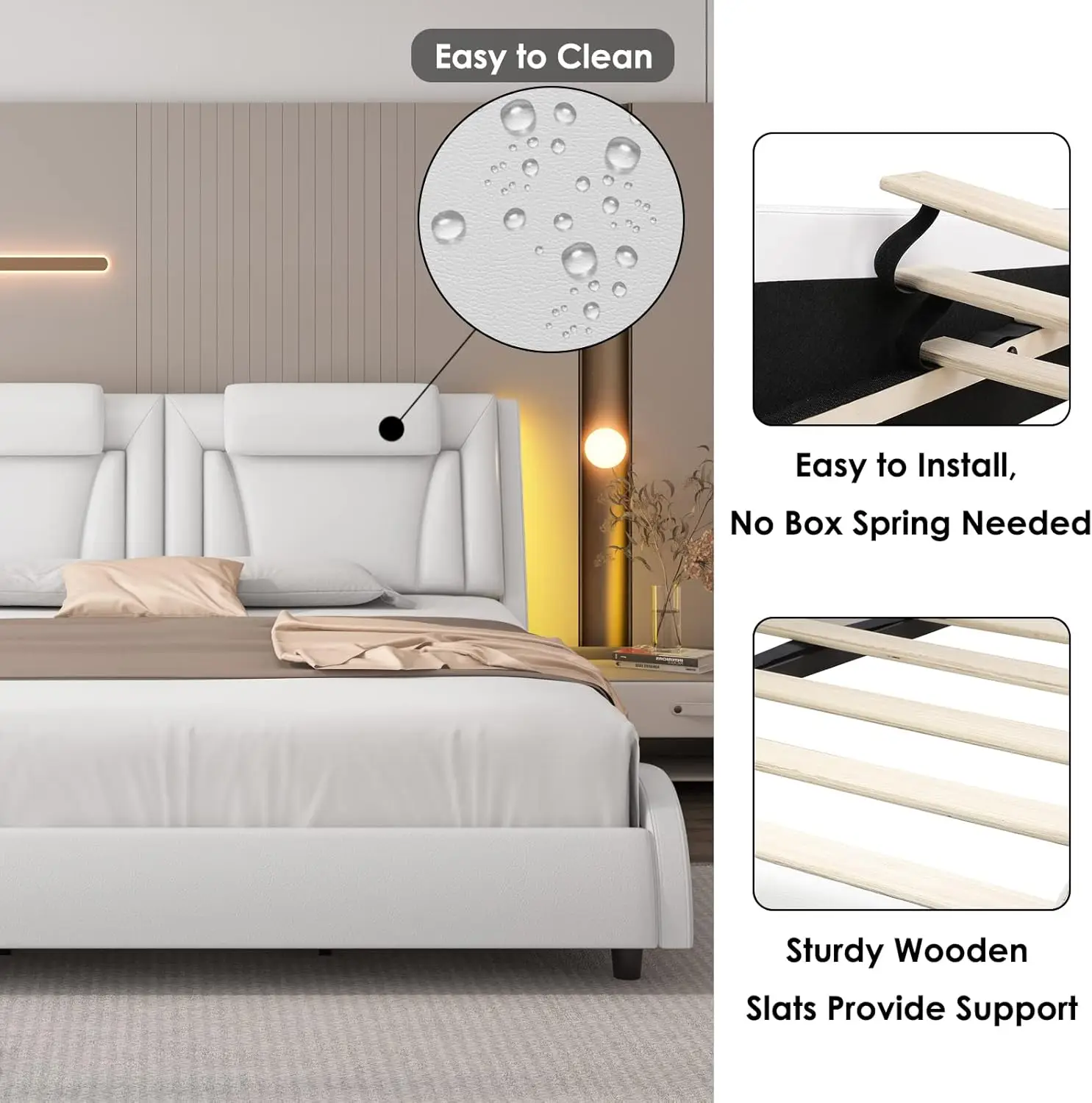 Keyluv-Estofados Plataforma Bed Frame, cabeceira LED ajustável, Couro PU, Onda-Like Curva projeto, Sólida de madeira