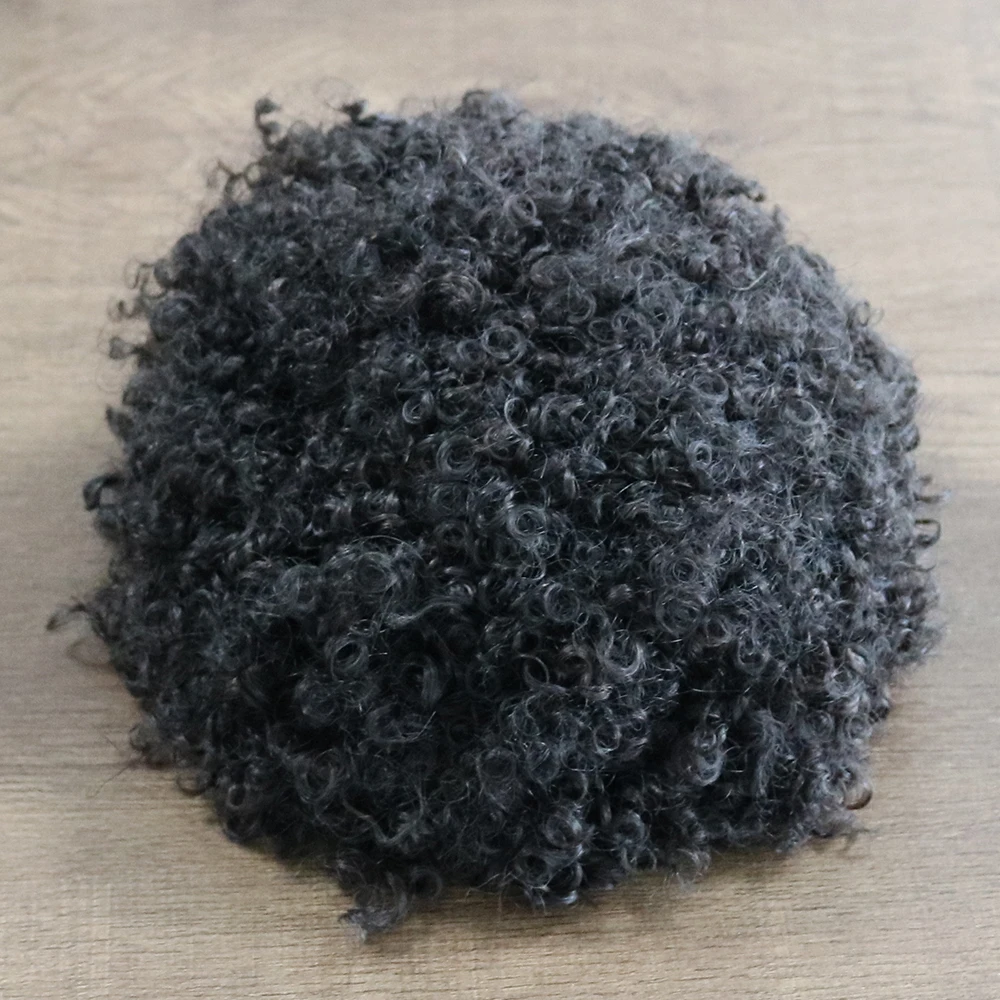 Durable Thin Skin Pu Base Natrual Hairline Mens Toupee Human Hair Wig Black 8mm Afro Curly Weave Replacement System for Men