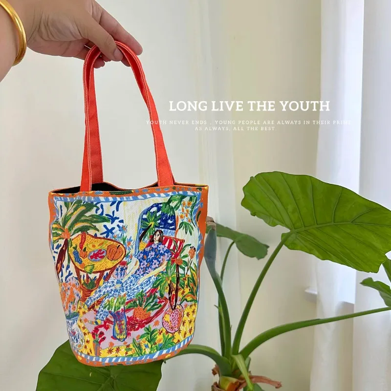 Youda New Fashion Canvas Fabric Handbag for Women Special Colorful Artist Design Pattern Top-handle Bag Casual Lunch Tote Bags
