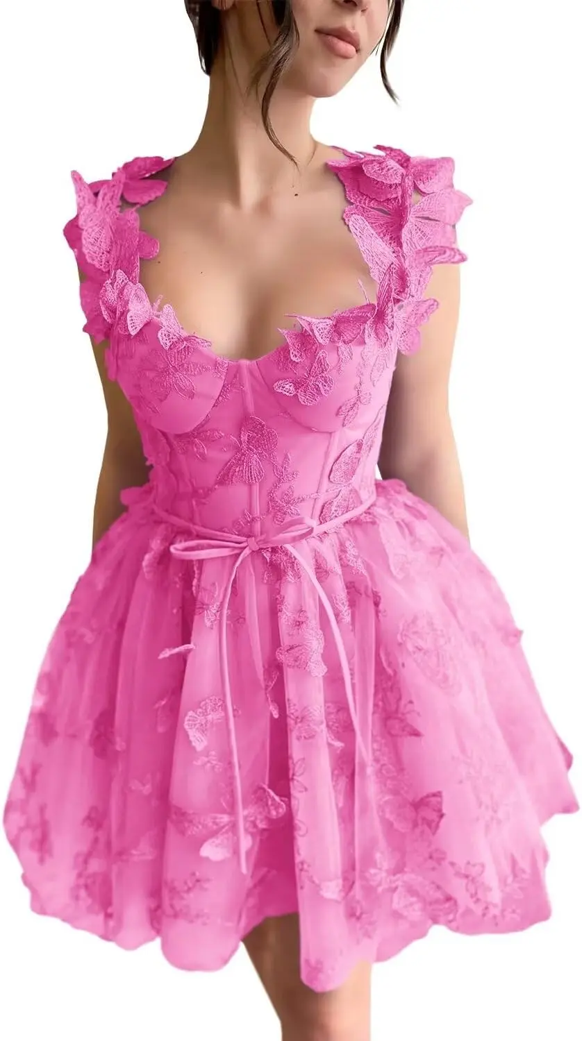 

3D кружевные наклейки с бабочками, тюлевое милое мини-платье в форме сердца, выпускной бал, день рождения, платье для выпускного вечера, торжественное вечернее платье