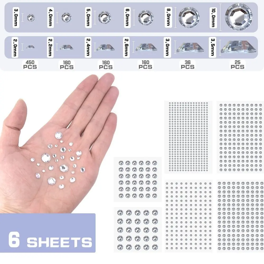 Shiny Face Rhinestone Crystal Stickers 3-12MM Fashion Eyebrow Eyeshadow Stickers Flatback Self Adhesive 3D Diamond Gems Decals