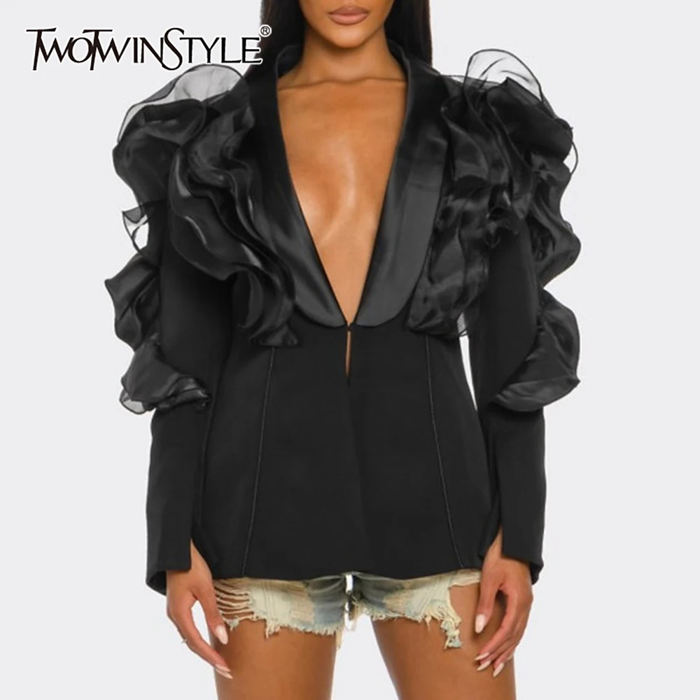

TWOTWINSTYLE черная шикарная куртка с грибком женская с v-образным вырезом и длинным рукавом свободные сексуальные темпераментные женские куртки осенняя мода