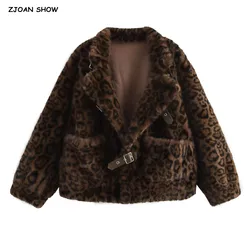 CHILL Winter Notched Lapel Coffee Dot Leopard Shaggy Faux Fur Coat Women Full Sleeve Front Buckle Belt Loose Hairy Outerwear