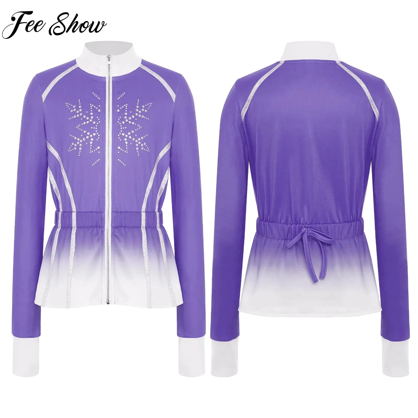 

Girls Figure Skating Dance Competition Jacket Gradient Color Fashion Long Sleeve Elastic Waist Snowflake Sweatshirt Outerwear