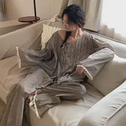 Lace Sleepwear Women Pajama Sets Autumn Korean Pants Sets 2 Pieces Plaid Piiama Night Wears Long Sleeve Casual Ruffles Home Suit