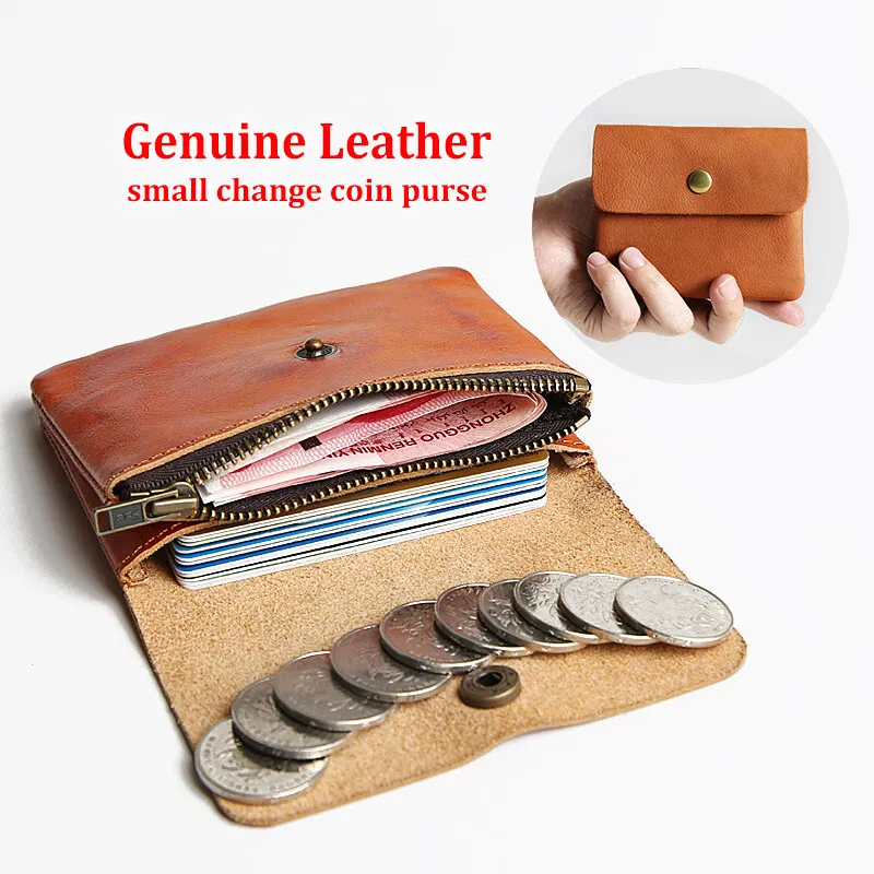 

Handmade Retro Men's First Layer Cowhide Wallet Short Zipper Men and Women Coin Purse Mini Coin Small Change Pocket Moneybag