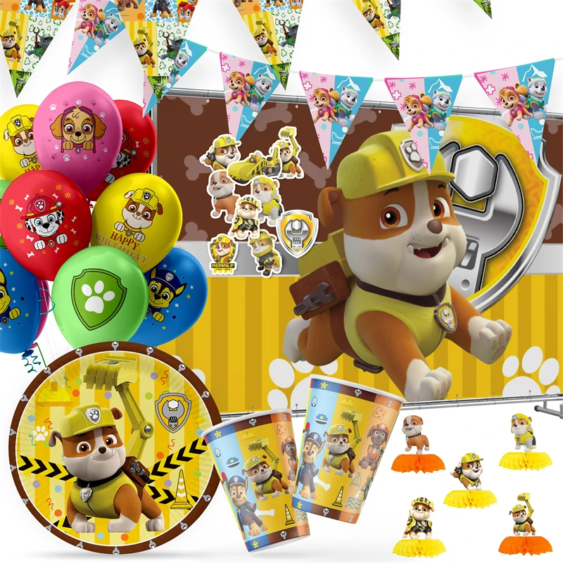 New Paw Patrol Rubble Theme Birthday Party Supplies Decorations Cartoon Balloons Disposable Tableware Plates Cup Boy Gift Toys